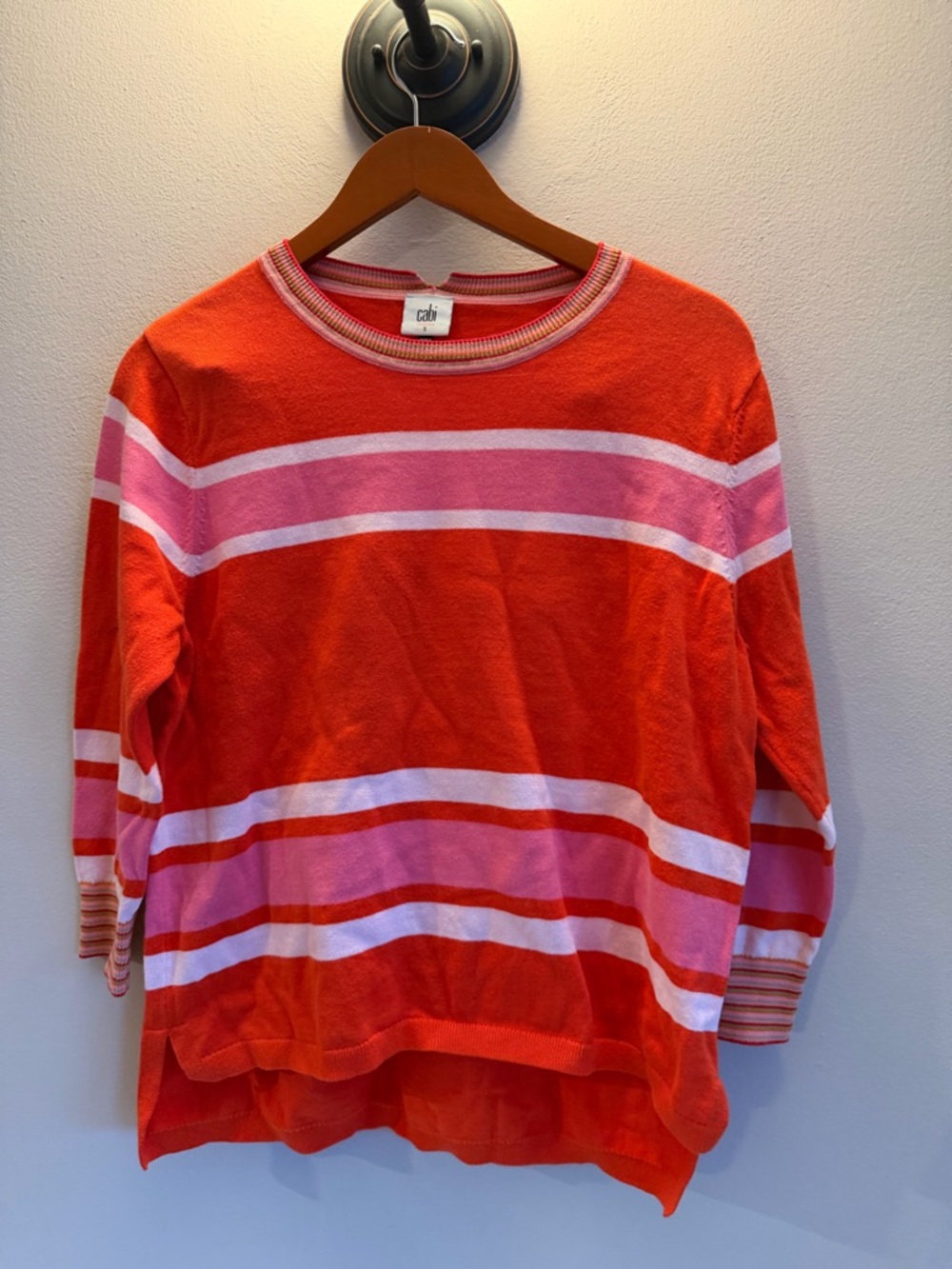 Cabi Womens Orange Pink Striped Crew‎ Neck Split Back High Low Sweater Size S